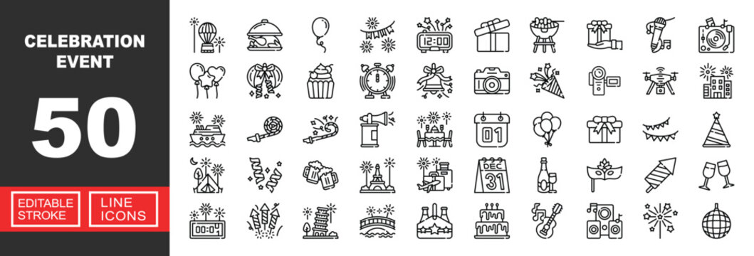 Celebration Event line icon set. Vector pictograms of balloon, cupcake, bell, camera, cracker, drone, ship, megaphone, calendar, champagne, mask, rocket, cake, guitar. Editable stroke.