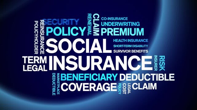 Social insurance animated word cloud-text design animation tag kinetic typography seamless loop.