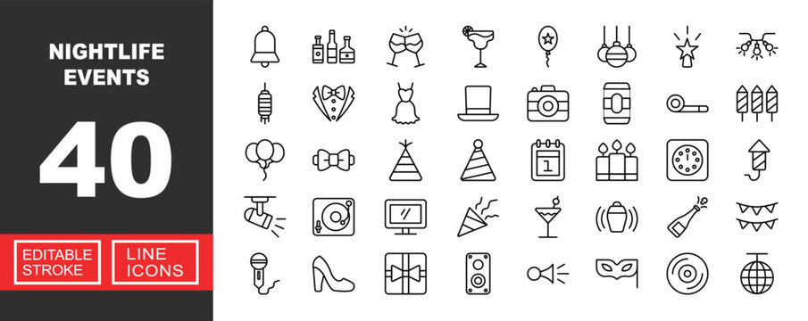 Nightlife Events line icon set. Vector pictograms of bell, bottles, glasses, cocktail, balloon, ornaments, sparkler, lantern, tuxedo, dress, hat, camera, beer, blower. Editable stroke.