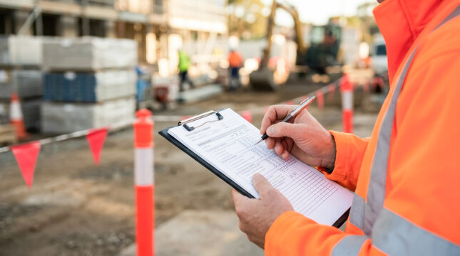 Construction worker in orange safety vest completing checklist at job site, showing inspection, compliance, project management, and workplace safety.