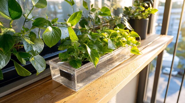 Green indoor plants in a modern clear acrylic planter on a wooden windowsill.
