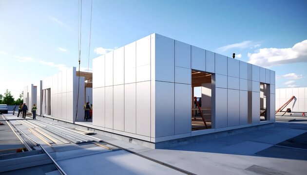Modern prefabricated building construction site exterior.