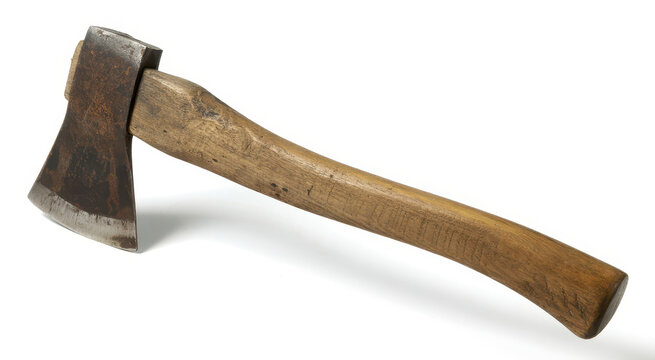 Vintage hand axe with wooden handle and rusty metal blade isolated on a white background