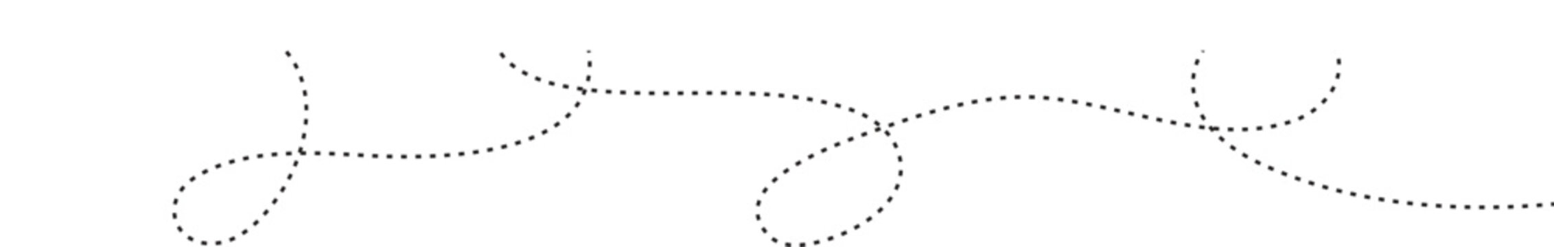 Dotted spiral curve line. Abstract wavy squiggle dashed line collection. Thin line abstract doted swirl path. Minimal squiggle divider, loopy line.