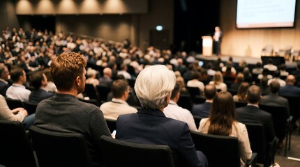 Naklejka premium Large audience attending a business conference or educational seminar in a modern auditorium, concept for business workshops, educational lectures, and corporate events marketing material