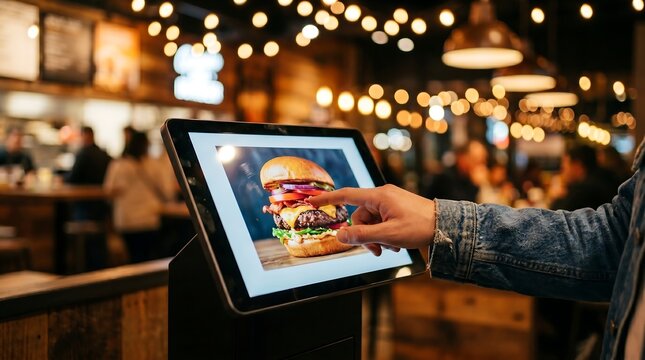 Customer Hand Using Digital Tablet for Ordering Food in Modern Restaurant, concept for digital ordering, customer convenience and menu presentation