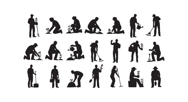 Gardener people silhouettes collection featuring men and women planting flowers and using farm tools on white background.