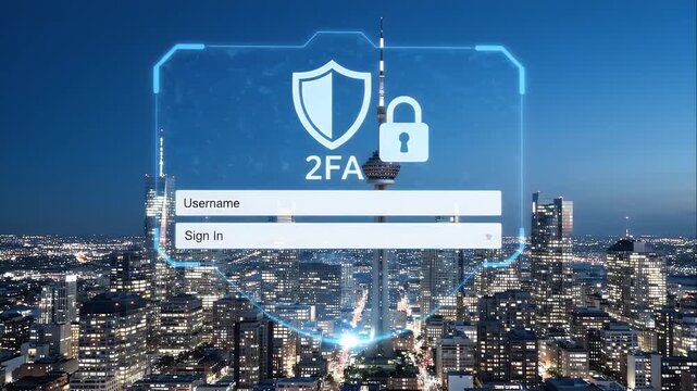 Secure login interface with two factor authentication overlaying a modern city skyline at night for data protection