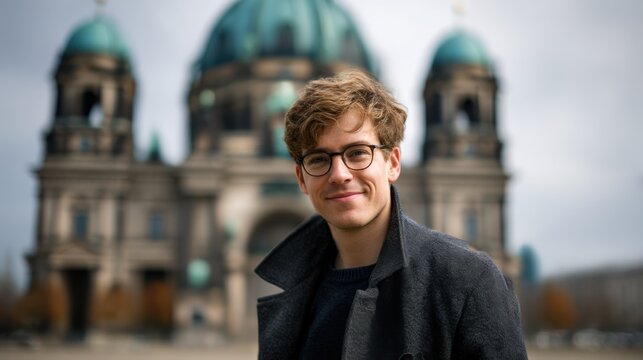 Young man stands in front of large church with domes on a cloudy day in Berlin showcasing his smile and style