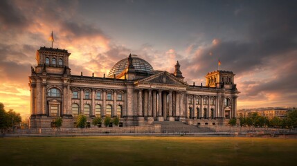 Naklejka premium Historic building in Berlin stands tall against a vibrant sunset with clouds and trees in the foreground