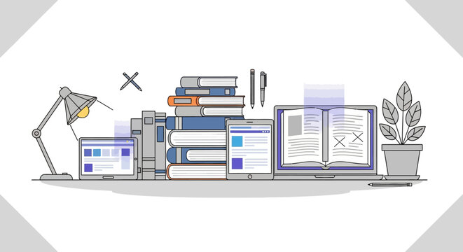 Flat lay illustration of a desk with books, laptop, tablet, lamp, plant, and office supplies on a white background with a minimalist style.