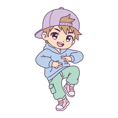 Fototapeta premium Cute anime boy in hoodie and cap dancing in playful energetic pose