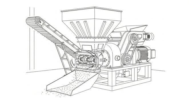 Detailed line illustration of an industrial material processing machine, showcasing its conveyor belt input and processed output system, symbolizing manufacturing automation