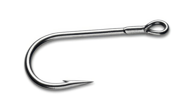 A single steel fishing hook with a sharp point isolated on a plain white background