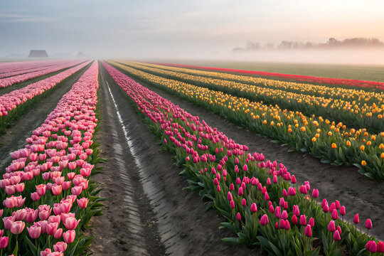 Rows of tulips stretching to the horizon
