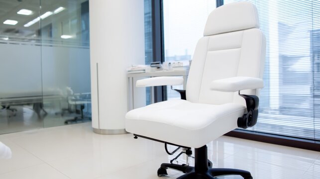 A modern, white medical examination chair positioned near large windows in a bright room