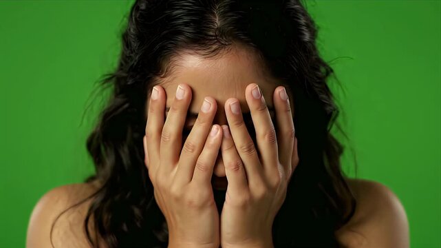 Young Woman Hiding Face With Hands Expressing Emotion Against Green Screen Background