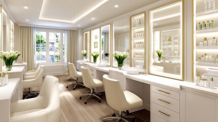 Fototapeta premium A bright and airy beauty salon showcasing elegant decor with stylish mirrors and products