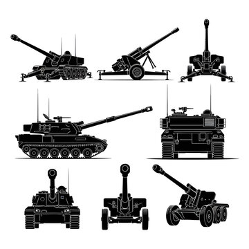 Military Field Artillery and Self-Propelled Howitzer Silhouette Set