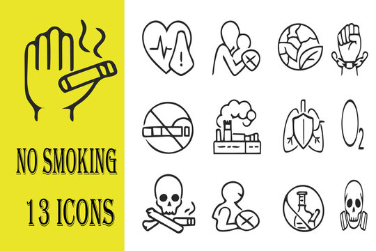 No smoking and public health icon set, 13 black outline vector icons for environmental and personal wellness
