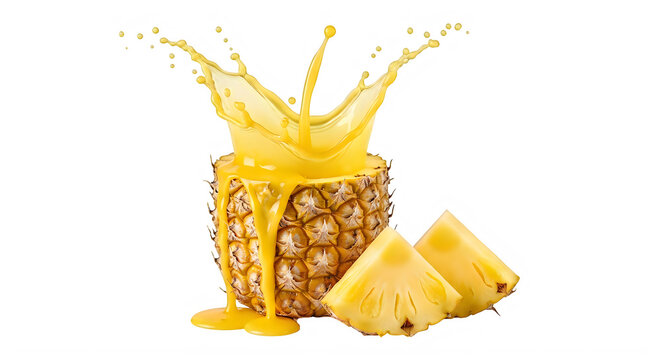 Pineapple juice splash with fresh chunks isolated on transparent background