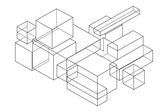 Abstract geometric composition with intersecting transparent cubes and rectangular prisms.