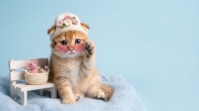 Cute Scottish Fold kitten with beanie hat and heart sunglasses on pastel blue background with copy space