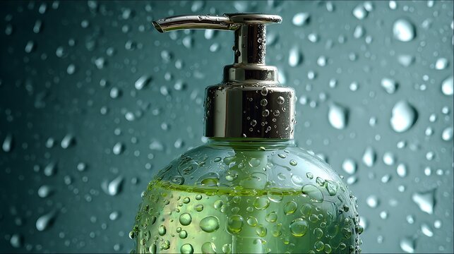 Green liquid soap bottle with water drops on a teal background.