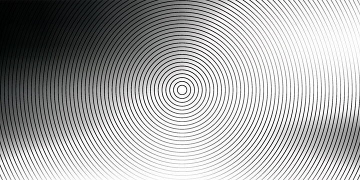 Black concentric circle texture. Radial geometric pattern background. Linear epicenter, radar or target concept. Round rippled ring wallpaper for brochure, template, poster, overlay. Vector backdrop