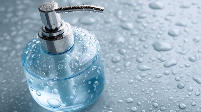 Clear blue hand sanitizer bottle with water droplets on a wet surface.