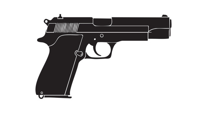Handgun silhouette illustration showing side view of semi automatic pistol with detailed parts isolated on white backgro.