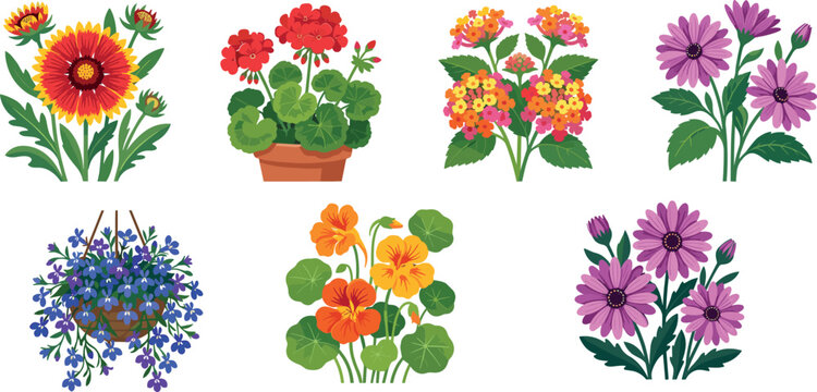 Colorful Flower Garden Illustration with Geranium, Lantana, Nasturtium, and Violet Plants for Spring, Nature, and Floral Themed DesignsColorful Flower Garden Illustration with Geranium, Lantana, Nastu