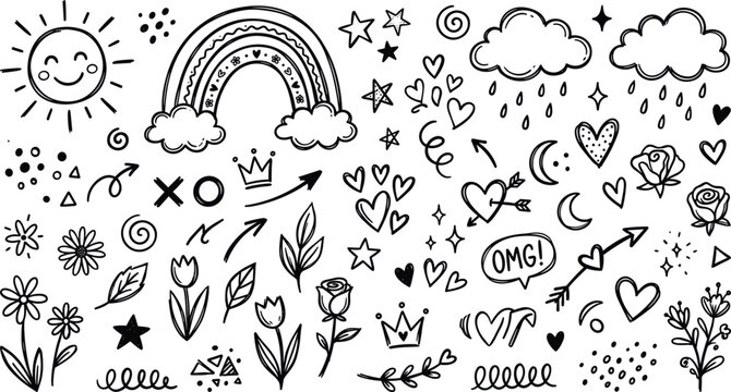 Whimsical doodle art a black and white collection of cheerful icons and playful hand drawn elements