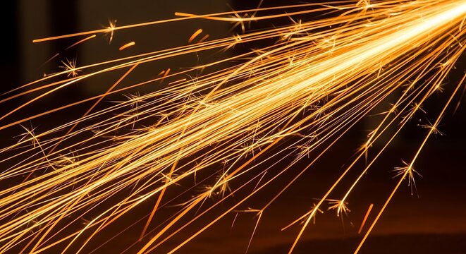 Shower of bright orange sparks from metal grinding on dark background