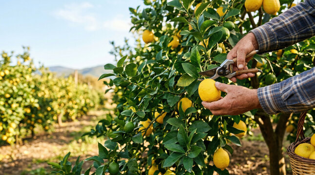 Hands are cutting ripe lemons from trees in orchard, created AI