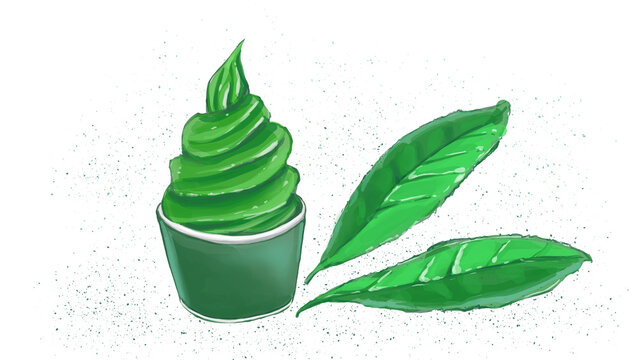 Hand-drawn matcha soft serve ice cream and tea leaves / 抹茶ソフトクリームと茶葉の手描きイラスト