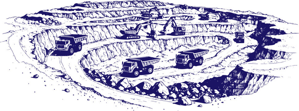 large open pit coal mine featuring terraced excavation layers, heavy mining trucks, and excavators. Hand drawn sketch style in clean vector format
