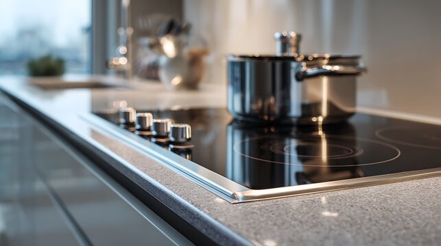 Modern induction cooktop with stainless steel pot in contemporary kitchen interior.