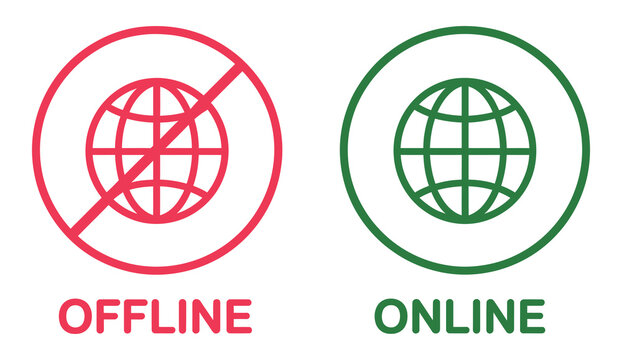 Set of online and offline internet icons red and green color, globe icon with no signal and good signal symbol, internet connection status vector illustration