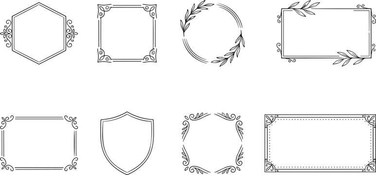 Collection of eight intricate black and white decorative frames for various design applications