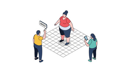Fototapeta premium Isometric illustration of overweight woman with observers and a sign.