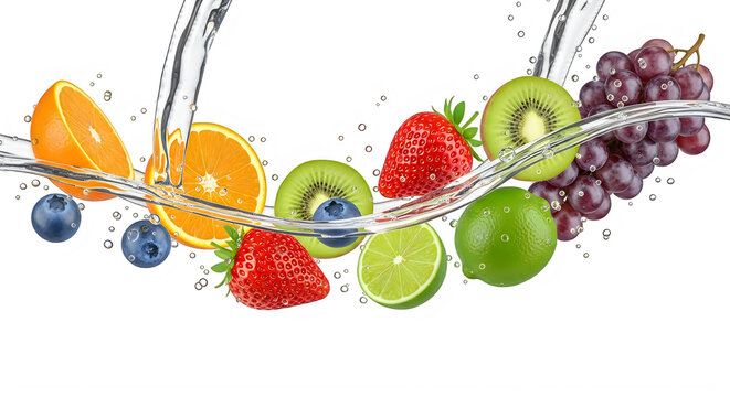 Fresh fruit splash in air isolated on transparent background