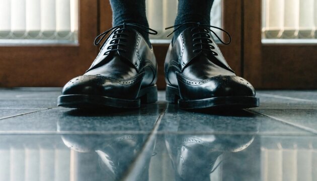 A pair of high fashion black leather boots with shiny heels and military style elegance stands isolated on the floor against a brown wall as a sophisticated winter footwear object