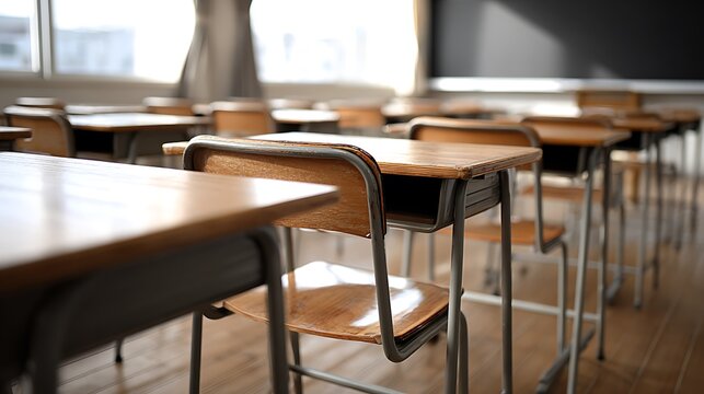 Empty classroom with rows of wooden school desks and chairs.