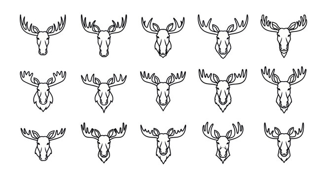 Moose Head Icons Set, Hand Drawn Vector Illustrations