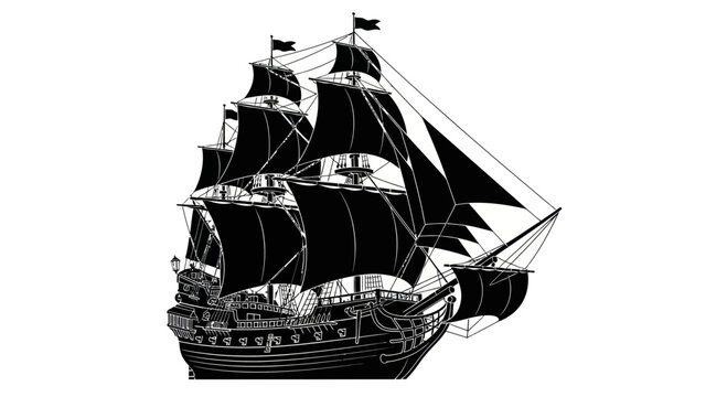Vintage Tall Ship Silhouette, Black Sailing Vessel, Nautical Adventure
