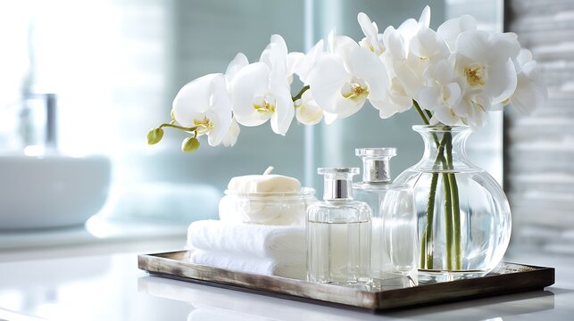 Spa bathroom interior with white orchid flowers and spa accessories on a tray.