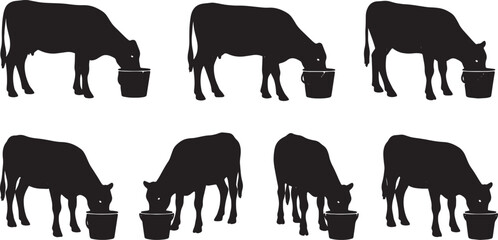 Black Solid Feeding Calf Silhouettes Set of Six on White Background © Shakeel
