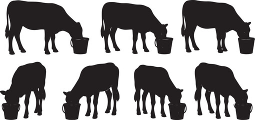 Black Solid Feeding Calf Silhouettes Set of Six on White Background © Shakeel