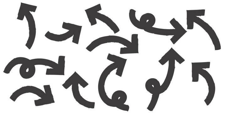 Swirl brush arrow icons set with curved loop directions and hand painted motion symbols